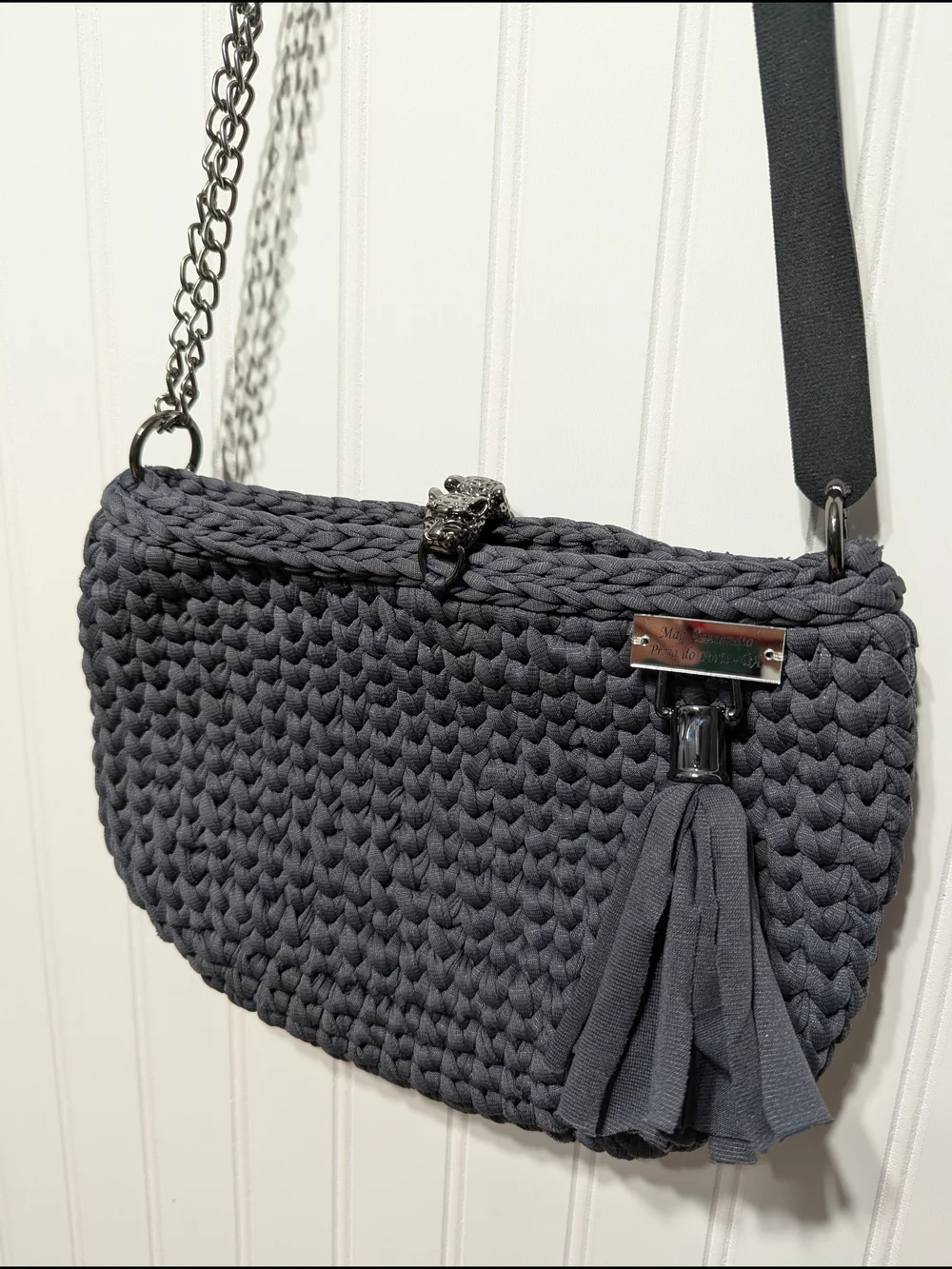 Handmade Crochet Woven Knit Crossbody Bag with Tassel - Charcoal Gray